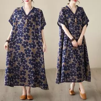 DIMANAF женское 2024 плюс размер летнее платье оверсайз стильное пляжное длинное платье с v-образным вырезом и цветочным принтом свободное короткое платье 5825