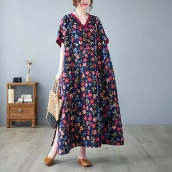 DIMANAF женское 2024 плюс размер летнее платье оверсайз стиль пляжное длинное платье с v-образным вырезом и цветочным принтом свободное короткое платье 8428