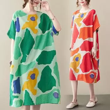 DIMANAF женское 2024 плюс размер летнее платье оверсайз стильное пляжное элегантное длинное платье с цветочным принтом свободное короткое платье 8345