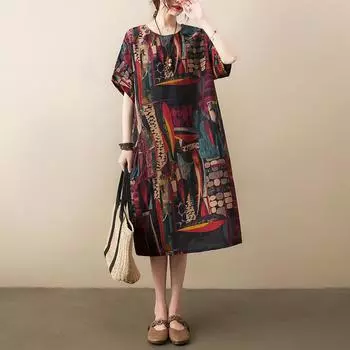 DIMANAF женское 2024 плюс размер летнее платье оверсайз стильное пляжное элегантное длинное платье с цветочным принтом свободное короткое платье 8193