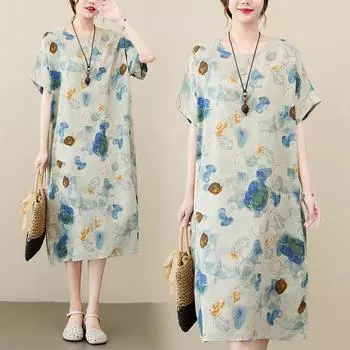 DIMANAF женское 2024 плюс размер летнее платье оверсайз стильное пляжное элегантное длинное платье с цветочным принтом свободное короткое платье 8362