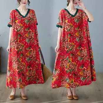 DIMANAF женское 2024 плюс размер летнее платье в стиле оверсайз пляжное длинное платье с v-образным вырезом и цветочным принтом свободное короткое платье8128-2