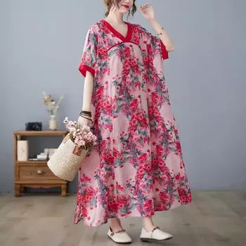 DIMANAF женское 2024 плюс размер летнее платье оверсайз стильное пляжное длинное платье с v-образным вырезом и цветочным принтом свободное короткое платье 8164