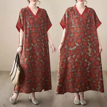 DIMANAF женское 2024 плюс размер летнее платье оверсайз стиль пляжное длинное платье с v-образным вырезом и цветочным принтом свободное короткое платье 5826