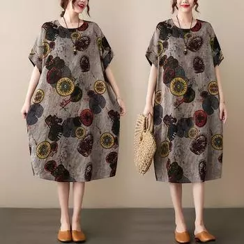 DIMANAF женское 2024 плюс размер летнее платье оверсайз стильное пляжное элегантное длинное платье с цветочным принтом свободное короткое платье 8192 One Size