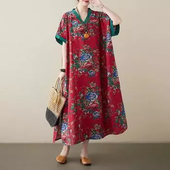 DIMANAF женское 2024 плюс размер летнее платье оверсайз стильное пляжное длинное платье с v-образным вырезом и цветочным принтом свободное короткое платье 5827