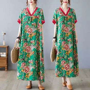 DIMANAF женское 2024 плюс размер летнее платье оверсайз стиль пляжное длинное платье с v-образным вырезом и цветочным принтом свободное короткое платье 8128-1