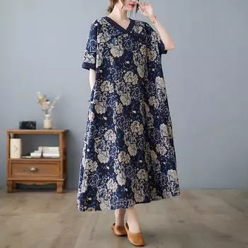 DIMANAF женское 2024 плюс размер летнее платье оверсайз стиль пляжное длинное платье с v-образным вырезом и цветочным принтом свободное короткое платье8161