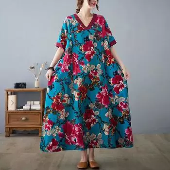 DIMANAF женское 2024 плюс размер летнее платье оверсайз стиль пляжное длинное платье с v-образным вырезом и цветочным принтом свободное короткое платье 8165