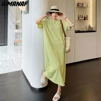 DIMANAF женское 2024 плюс размер новое летнее хлопковое платье на молнии лоскутное длинное платье свободные зеленые модные базовые платья большого размера
