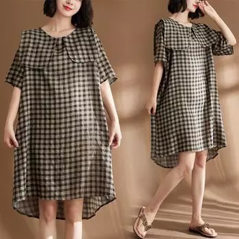 DIMANAF женское 2024 плюс размер весенне-летнее стильное платье пляжное клетчатое льняное длинное платье повседневное Vintgae базовое свободное платье