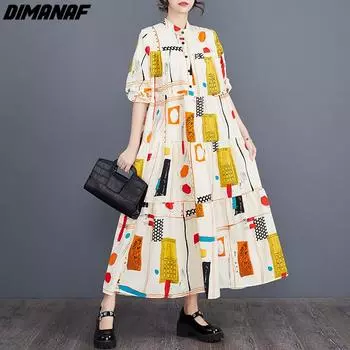 DIMANAF женское 2024 плюс размер весенне-летнее свободное платье больших размеров элегантное женское длинное платье с принтом на пуговицах шифоновое платье-рубашка