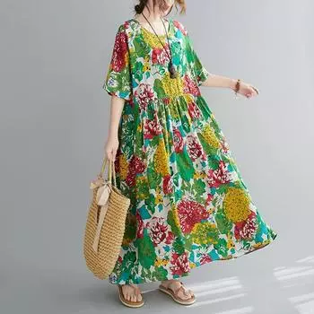 DIMANAF женское 2024 плюс размер весна лето платье оверсайз стиль пляжное элегантное длинное платье с цветочным принтом свободное платье оверсайз 6702