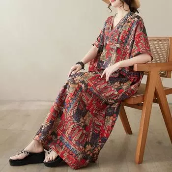 DIMANAF женское 2024 плюс размер весна лето платье оверсайз стиль пляжное элегантное длинное платье с цветочным принтом оверсайз базовое свободное платье плюс размер 9017