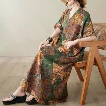 DIMANAF женское 2024 плюс размер весна лето платье оверсайз стиль пляжное элегантное длинное платье с цветочным принтом оверсайз базовое свободное платье плюс размер 9038