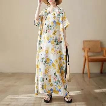 DIMANAF женское 2024 плюс размер весна лето платье оверсайз стиль пляжное элегантное длинное платье с цветочным принтом оверсайз базовое свободное платье плюс размер 9023