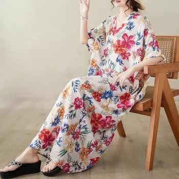 DIMANAF женское 2024 плюс размер весна лето платье оверсайз стиль пляжное элегантное длинное платье с цветочным принтом оверсайз базовое свободное платье плюс размер 9034