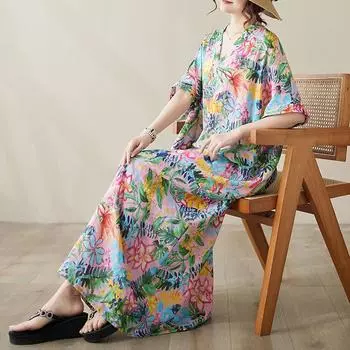 DIMANAF женское 2024 плюс размер весна лето платье оверсайз стиль пляжное элегантное длинное платье с цветочным принтом оверсайз базовое свободное платье плюс размер 9036