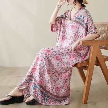 DIMANAF женское 2024 плюс размер весна лето платье оверсайз стиль пляжное элегантное длинное платье с цветочным принтом оверсайз базовое свободное платье плюс размер 9032