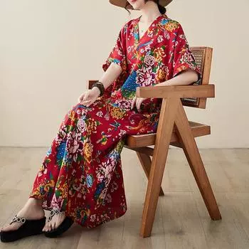 DIMANAF женское 2024 плюс размер весна лето платье оверсайз стильное пляжное элегантное длинное платье с цветочным принтом оверсайз базовое свободное платье больших размеров One Size красный