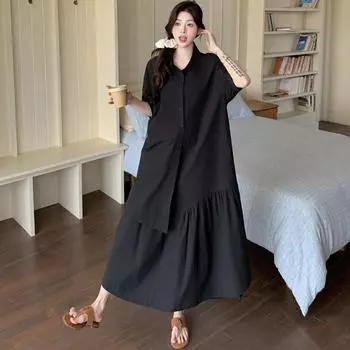 DIMANAF Женское 2025 Большого размера Однотонное платье Лето Винтажное платье Базовые пуговицы Длинное Повседневное Свободное Черное платье Макси L чёрный
