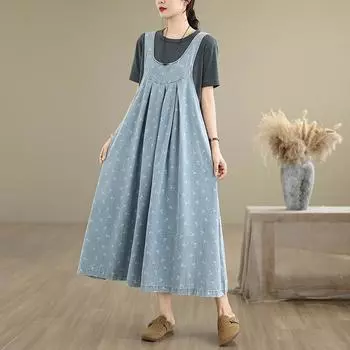DIMANAF Женское 2025 Новое Летнее Джинсовое Платье Большого Размера Винтажный Принт Свободное Повседневное Базовое Платье с Поясом Макси One Size синий