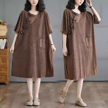 DIMANAF Женское 2025 Новое Летнее Джинсовое Платье Большого Размера Винтажное Элегантное Свободное Повседневное Базовое Платье Макси L коричневый