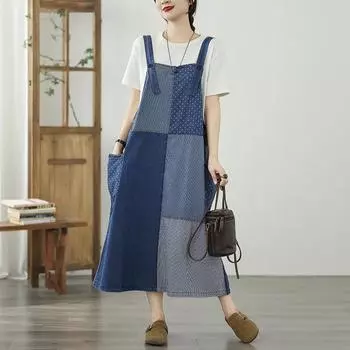 Dimanaf Женское 2025 Новое Летнее Джинсовое Платье Плюс Размер Винтаж Карманы Свободные Повседневные Базовые Платья Пояс Макси M синий