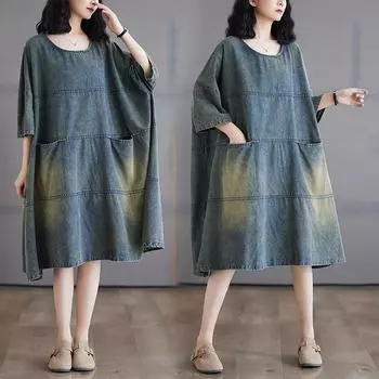 DIMANAF Женское 2025 Новое Летнее Платье Плюс Размер Джинсовое Винтажное О-Образным Вырезом Элегантное Свободное Синие Базовые Платья Макси L синий