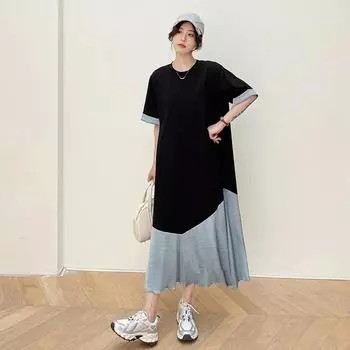 Dimanaf Женское 2025 Новое летнее повседневное платье больших размеров с коротким рукавом и складками Свободное длинное платье L чёрный