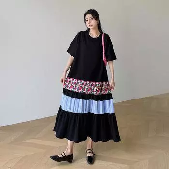 Dimanaf Женское 2025 Новое летнее повседневное платье больших размеров с коротким рукавом и складками Свободное длинное платье L чёрный