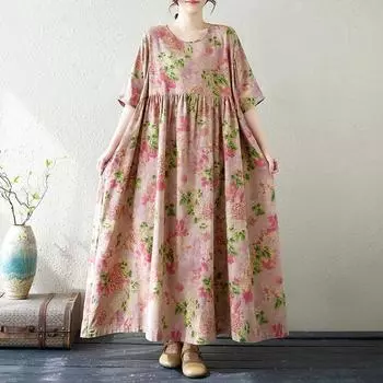 Dimanaf Женское 2025 Новое летнее повседневное платье больших размеров с цветочным принтом Базовое свободное длинное платье с принтом макси Винтаж One Size розовый