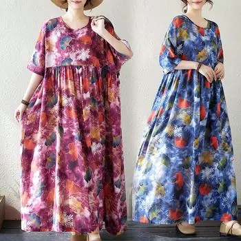 Dimanaf Женское 2025 Новое Летнее Повседневное Платье Больших Размеров Базовое Свободное Длинное Платье Макси Принт Винтаж One Size синий