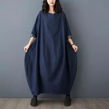 DIMANAF Женское 2025 Новое Весеннее Платье Большого Размера Джинсовое Длинное Рукавное Синее Платье Свободные Базовые Платья Винтаж L синий