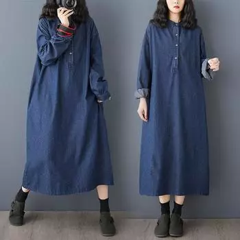 DIMANAF Женское 2025 Новое Платье Весеннее Большого Размера Джинсовое Платье с Длинным Рукавом Свободное Синее Базовые Платья Винтаж L синий