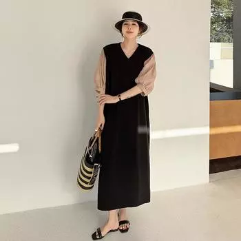 DIMANAF Женское 2025 Плюс Размер Новое Летнее Платье Рубашка Платье Базовое Длинное V-образный Вырез Свободные Платья Макси L чёрный