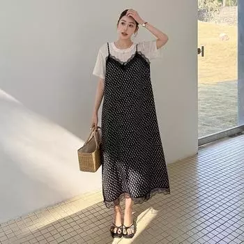 DIMANAF Женское 2025 Плюс Размер Новое Летнее Платье Рубашка Платье Базовое Длинное В Горошек Сращенные Свободные Платья Макси L чёрный