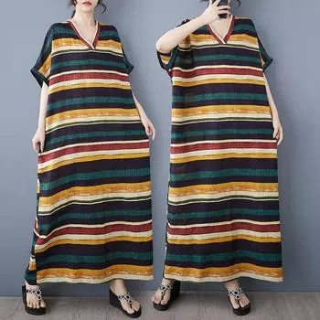 Dimanaf Женское 2025 Plus Size Летнее Полосатое Повседневное Базовое Платье Льняное Винтажное Свободное Длинное Платье Макси Новое One Size жёлтый