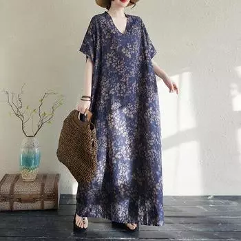 Dimanaf Женское 2025 Plus Size Летнее повседневное платье с цветочным принтом Базовое льняное винтажное свободное длинное платье макси Новое One Size темно-синий