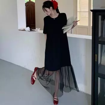 DIMANAF Женское черное платье большого размера 2025 Лето Винтажное платье Базовое кружевное платье с длинным рукавом Повседневное свободное платье L чёрный