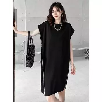 DIMANAF женское черное повседневное платье большого размера на молнии, новое платье свободного кроя с круглым вырезом и коротким рукавом, модное весеннее, большие размеры, лето 2024
