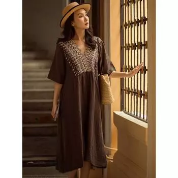 Dimanaf Женское длинное базовое повседневное свободное винтажное платье большого размера с v-образным вырезом большого размера, лето 2024, новое пляжное платье-футболка размера плюс