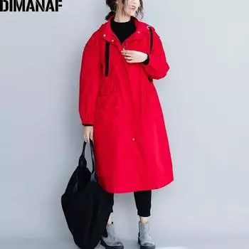 DIMANAF женское длинное пальто зимняя куртка большого размера плотная одежда большого размера женский свободный кардиган на молнии верхняя одежда с карманами красный