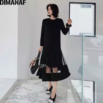 DIMANAF Женское длинное платье больших размеров, черная хлопковая свободная одежда, осеннее платье-рубашка с длинным рукавом, сшитое в сетку