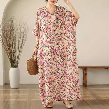 DIMANAF Женское длинное платье больших размеров 2024, новое летнее стильное льняное свободное платье с цветочным принтом и круглым вырезом, новинка 1501