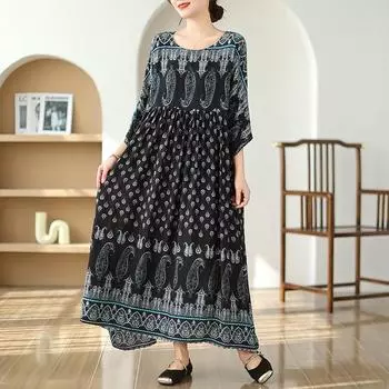 DIMANAF, женское длинное платье больших размеров, новинка 2024 года, летний стиль, с коротким рукавом и цветочным принтом, с круглым вырезом, синее льняное свободное платье, новинка 1505