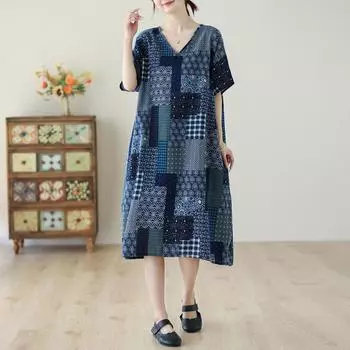 DIMANAF, женское длинное платье больших размеров, новинка 2024, летнее стильное льняное свободное платье с короткими рукавами и круглым вырезом, новинка 5297