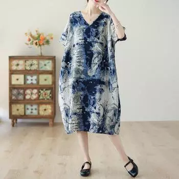 DIMANAF, женское длинное платье больших размеров, новинка 2024 года, летний стиль, с коротким рукавом и цветочным принтом, с круглым вырезом, свободное льняное платье, новинка 5296