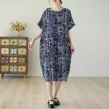 DIMANAF, женское длинное платье больших размеров, новинка 2024 года, летний стиль, с коротким рукавом и цветочным принтом, с круглым вырезом, свободное льняное платье, новинка 5298