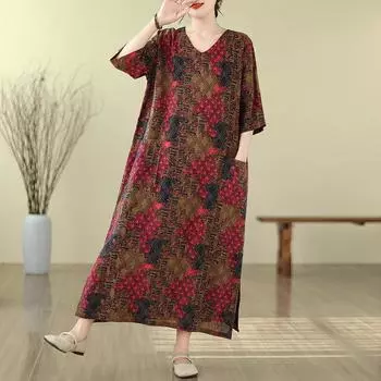 DIMANAF женское длинное платье больших размеров, новинка 2024 года, летний стиль, v-образный вырез, короткий рукав, цветочное льняное свободное платье, новинка 1322
